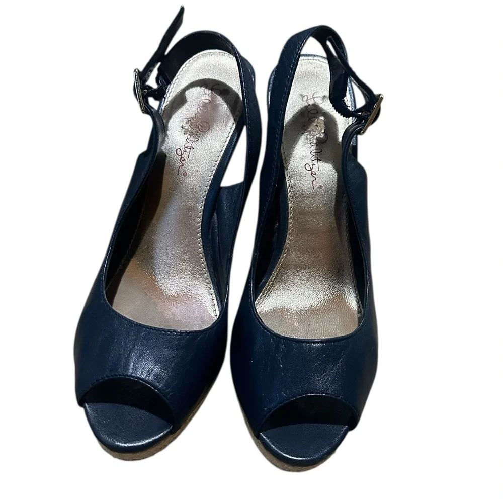 Lilly Pulitzer Krisie Wedge Sling Back Sandals Navy Blue Women's 8